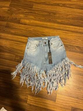 JC & JQ Light Wash High Rise Extreme Fringe Denim Shorts